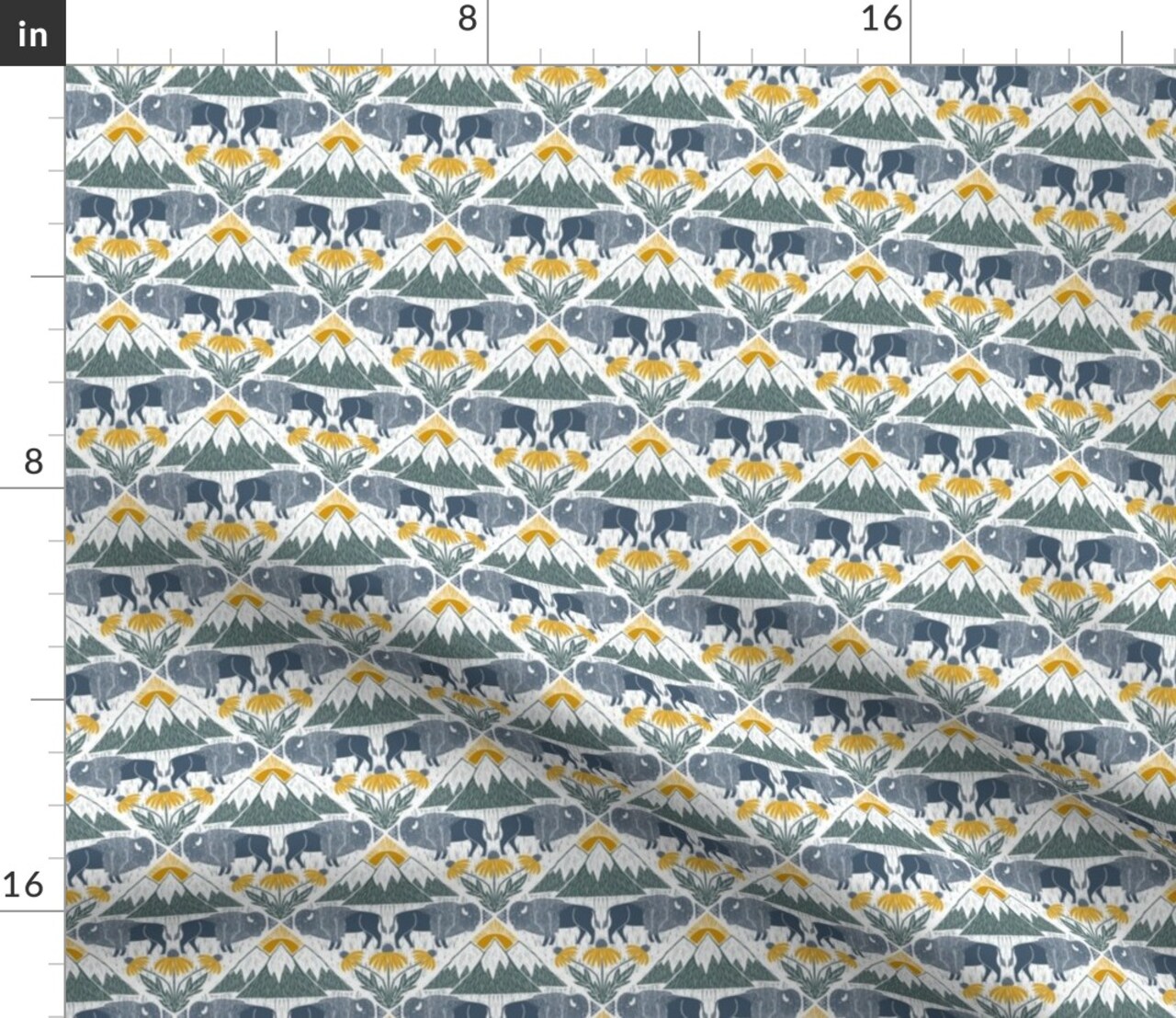 Bison Western Floral Blue Yellow Mountains Prairie National Parks Wildflower Lattice Custom Printed Fabric by Spoonflower Various Fabrics by the Yard or Fat Quarter